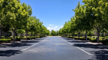 Obraz premium Empty parking lot bordered by green leafy trees under a blue sky with symmetrical asphalt patterns, sunlight casting shadows, captured in a wide-angle urban landscape with a tranquil atmosphere.