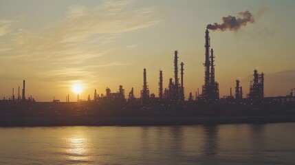 Obraz premium White Sunset View of Vast Refinery Fuel Processing Technology Skyline