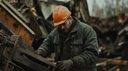 Worker in a recycling plant, operating machinery to process scrap metal, wearing a hard hat and gloves.