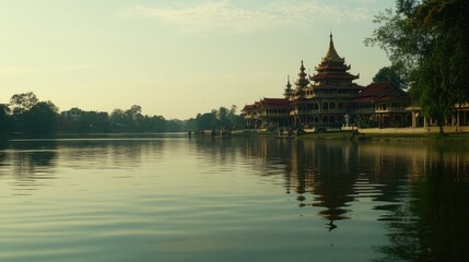 Naklejka premium Tranquil Reflection of Pagoda by Water at Sunrise
