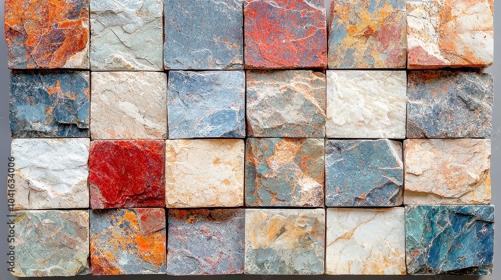 Poster multicolored chunky stone block pattern, vibrant hues interlock to create a textured surface, ideal 