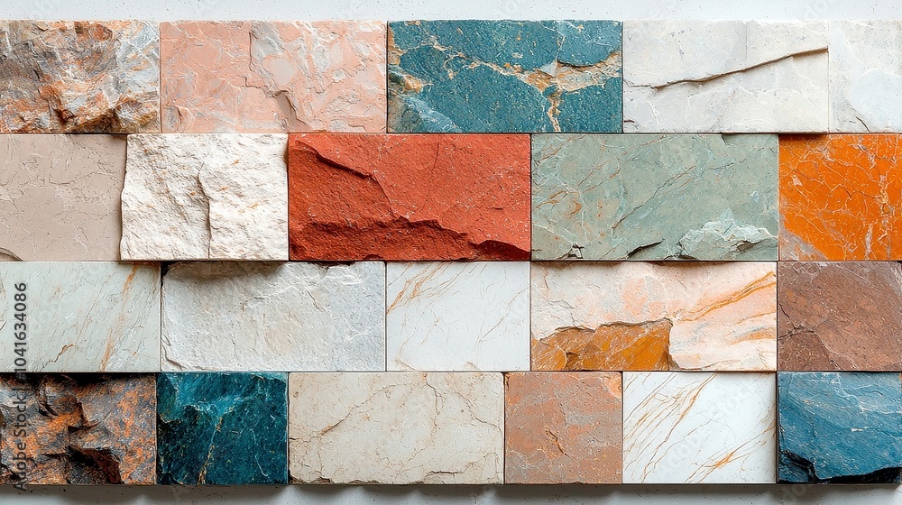 Poster colorful chunky stone block pattern, vibrant hues interlock to create a visually striking texture, p