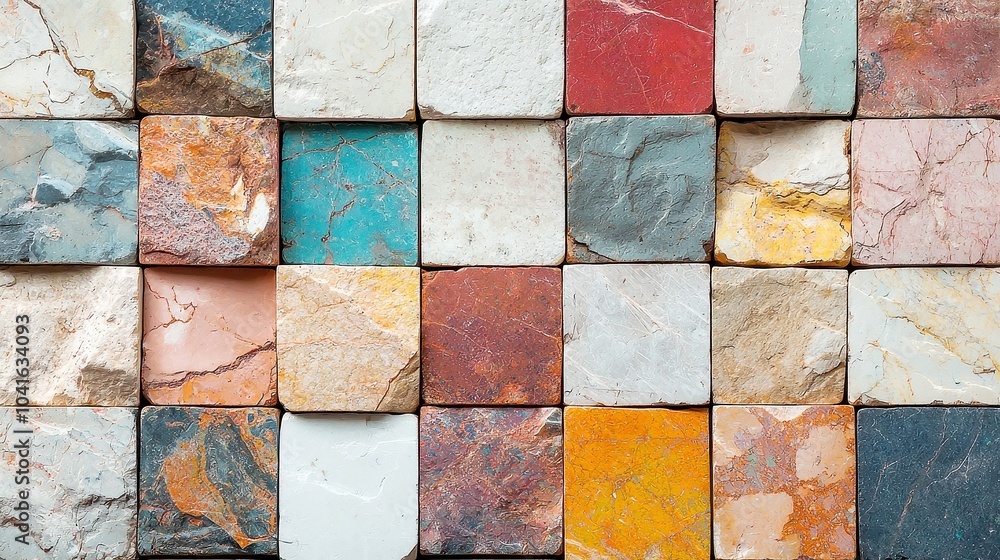 Poster colorful chunky stone block pattern, vibrant hues blend seamlessly, creating a striking visual textu