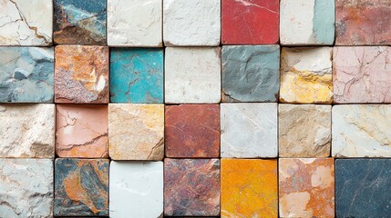 Colorful chunky stone block pattern, vibrant hues blend seamlessly, creating a striking visual texture, ideal for artistic designs or architectural elements.