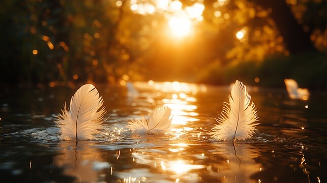 White feathers floating on a calm river at sunset.