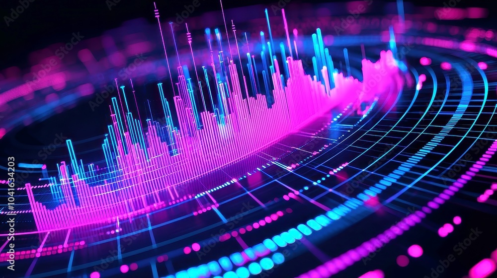 Poster circular audio interface showcasing a dynamic sound spectrum equalizer, vibrant sound wave animation
