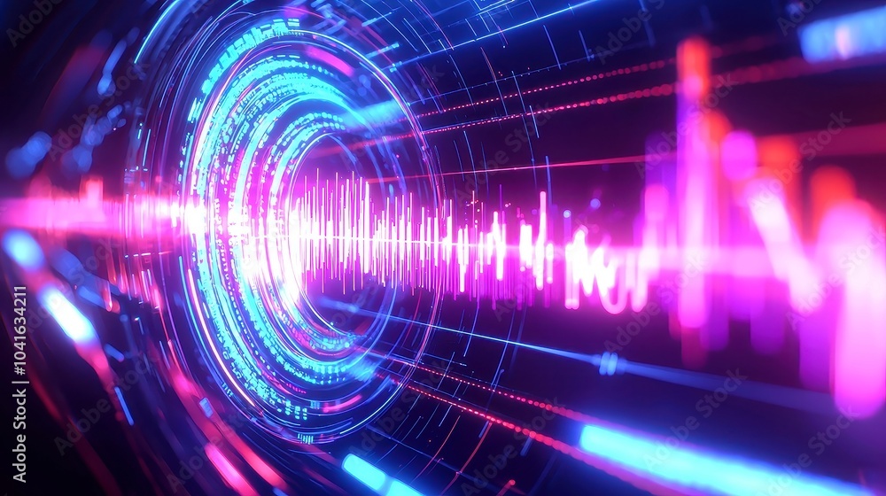 Poster circular audio interface featuring a vibrant sound spectrum equalizer, animated sound waves on a sle
