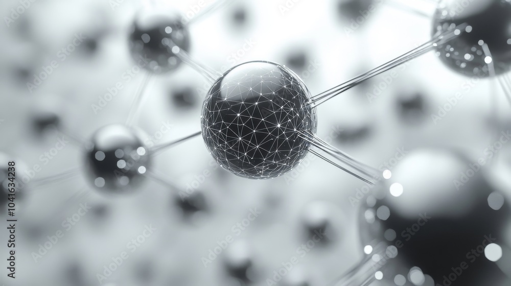Poster This visual highlights a detailed close-up of atoms connected by intricate lines, representing the fundamental components of matter in a stylized monochrome style.