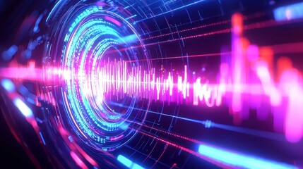 Circular audio interface featuring a vibrant sound spectrum equalizer, animated sound waves on a sleek black background, showcasing dynamic infographic elements of audio frequencies.