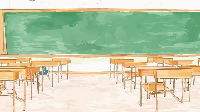 An empty classroom illustrated charming cartoon anime watercolor style featuring large green chalkboard presented seamless looping 4K virtual video animation suitable educational settings background