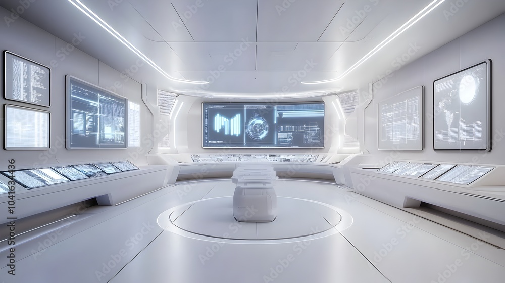 Poster futuristic digital control room with fuel processing data monitoring interface