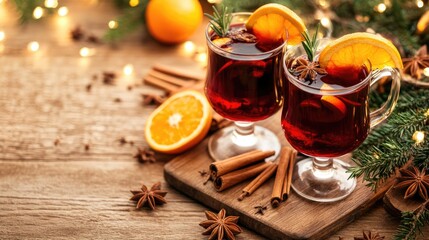 Two glasses of flavorful mulled wine are beautifully garnished with orange slices and fresh rosemary, surrounded by aromatic spices on rustic wood. Perfect for winter celebrations