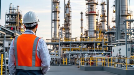 Fototapeta premium Technician in an oil refinery control room, monitoring systems for efficiency and safety.