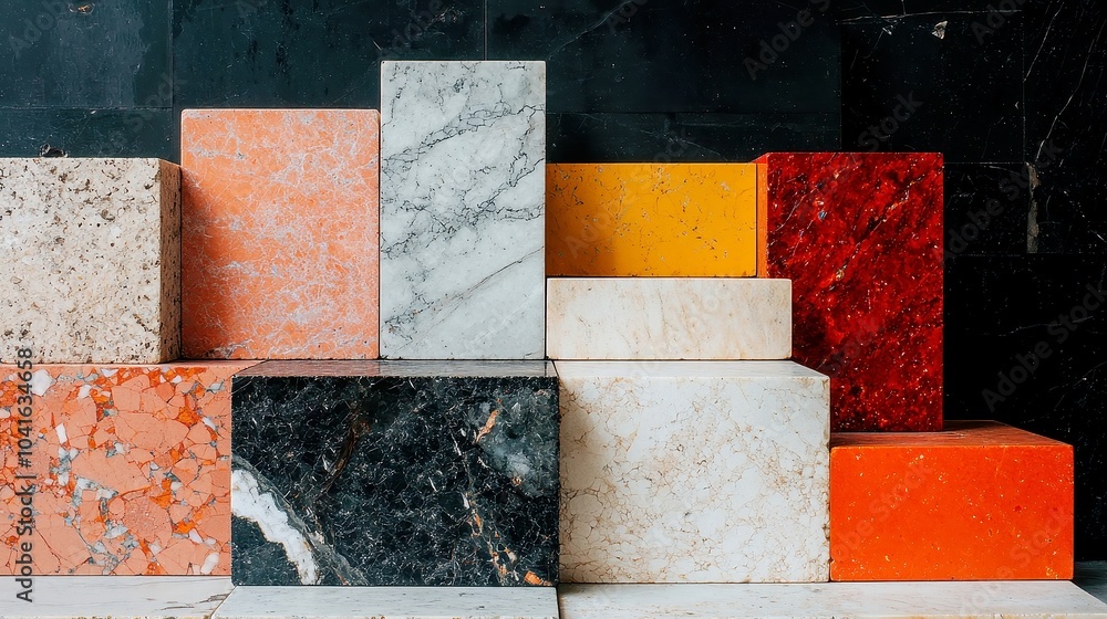 Poster vivid geometric granite blocks, an array of angular stone shapes in striking hues, showcasing the be
