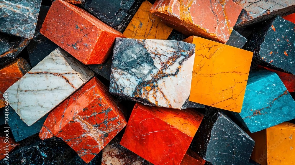Poster vividly colored geometric granite blocks, showcasing an array of striking hues and bold patterns, ar