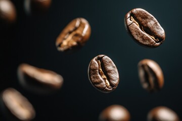 Floating Roasted Coffee Beans on Dark Background