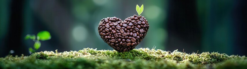 A heart shape formed by coffee beans, symbolizing love for nature and sustainability with emerging green leaves.