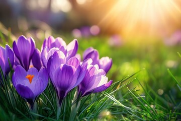 Beautiful Purple Crocuses Blooming in Golden Light