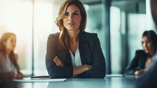 Woman leading a diverse team in a corporate brainstorming session, standing at the head of the table and commanding attention.