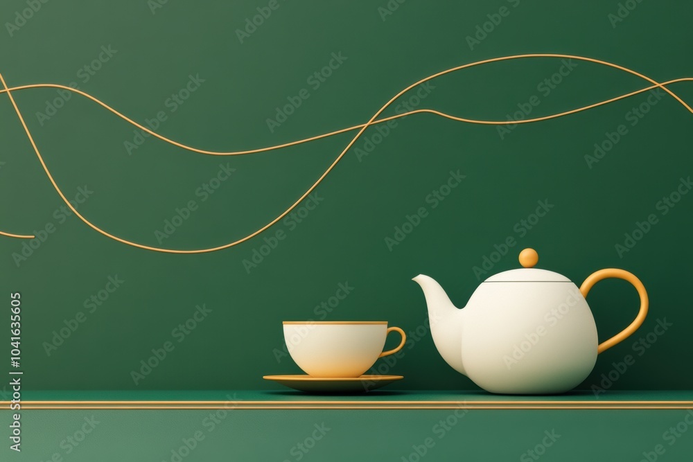 Poster a minimalist design features a teapot and cup against a soothing green backdrop, offering a tranquil