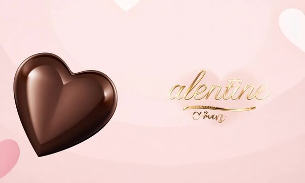 A Valentine&rsquo;s Day themed design with a glossy chocolate heart on a soft pink background, accompanied by elegant golden script text.