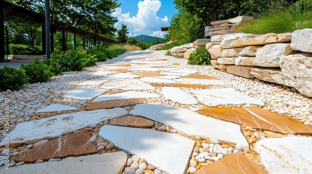 Poster vibrant pebble pathway, an intricate design of colorful stones creating a lively and inviting walkwa