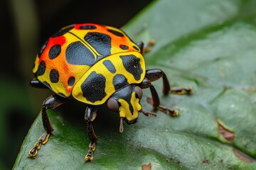Fototapeta premium Harlequin Bug in Nature. Small Colorful Bug in Closeup, Outdoors with Copy Space
