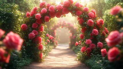 Fototapeta premium A rose archway in a garden with sunlight streaming through the leaves.
