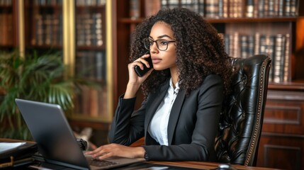 Professional woman making a call from her office, her attire and setting reflecting leadership and executive presence.