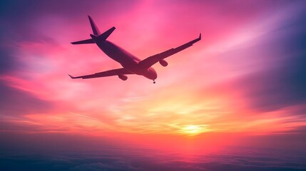 Dramatic Silhouette of White Plane Soaring Through Vibrant Sunset Sky