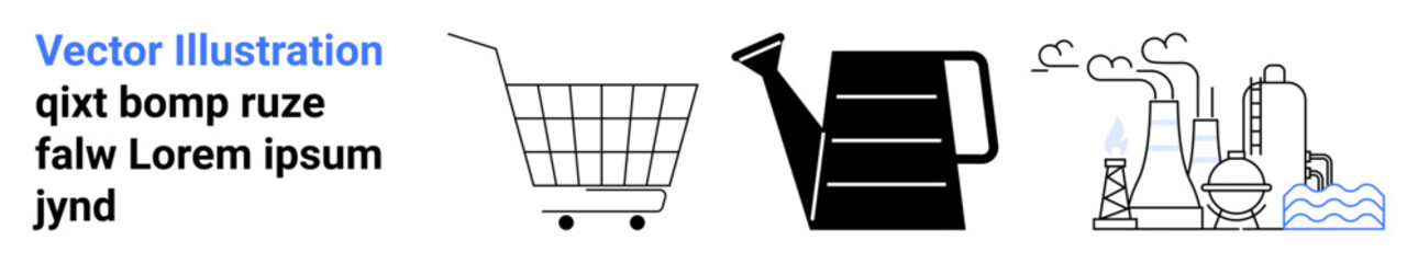 Black and white simple vector drawings of a shopping cart watering can and industrial factory. Ideal for ecommerce agriculture industry production and minimalistic designs. Landing page