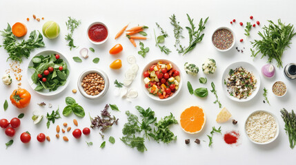 A flat lay of a variety of healthy foods arranged on a white table, showcasing an assortment of nutritious options.






