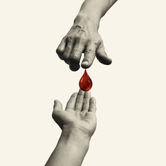 Blood transfusion from person to person, art collage.
