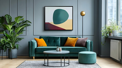 Modern Living Room Design with Teal Velvet Sofa and Abstract Art