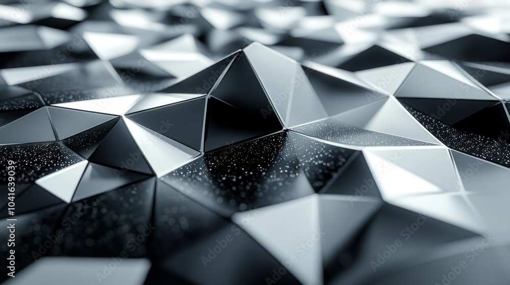 Poster A dynamic surface showcases intricate black and white triangular shapes, creating a visually striking abstract pattern. The play of light accentuates the geometric details and textures.