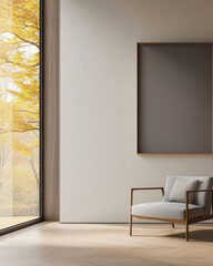 A modern chair placed near a large window showcasing autumn leaves in a serene interior setting