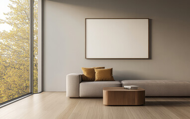 Modern living room with cozy sofa and large window overlooking autumn trees in daylight