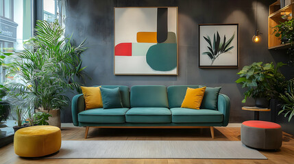 Modern Living Room with Green Sofa, Yellow Pillows, and Abstract Artwork
