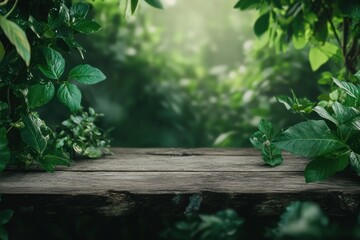 Serene Forest Background with Wooden Table
