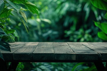Fototapeta premium Rustic Wooden Table in Lush Greenery Background