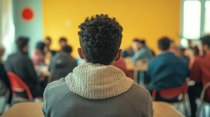 Dedicated volunteers providing essential support and resources to refugees in a community center, emphasizing compassion and integration into society