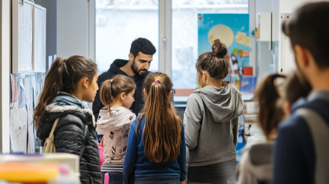 Dedicated volunteers providing essential support and resources to refugees in a community center, emphasizing compassion and integration into society