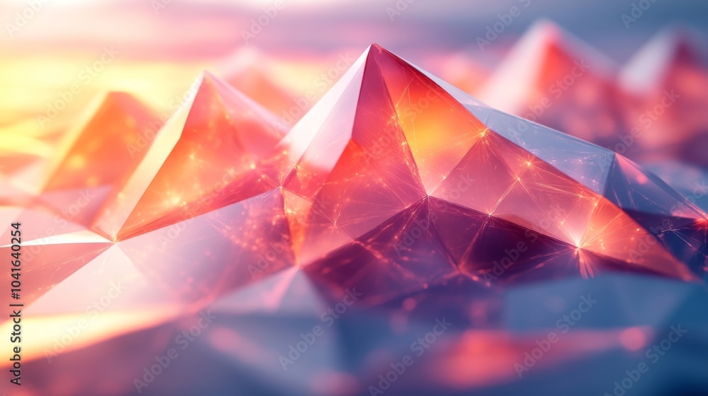 Poster colorful geometric peaks rise from a smooth surface, illuminated by warm sunlight during sunset, cre