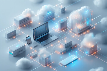 3D isometric icons of computers, laptops, and other technology equipment.