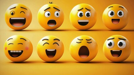 Fototapeta premium a comprehensive collection of yellow emoji faces in vector graphic style, illustrating a variety of emotions including excitement, boredom, fear, and contentment. 