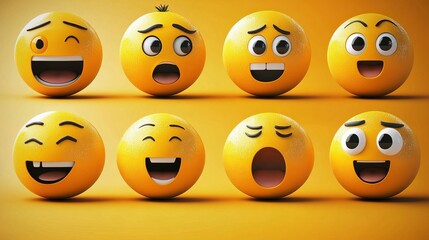 Fototapeta premium a comprehensive collection of yellow emoji faces in vector graphic style, illustrating a variety of emotions including excitement, boredom, fear, and contentment. 