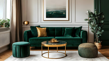 Emerald Green Velvet Sofa with Gold Accents: Elegant Living Room Design