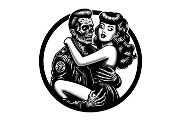 Rockabilly psychobilly love couple. Beautiful woman and zombie man. Vintage vector retro black and white illustration, print, tattoo. Round emblem, sketch.