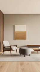 Fototapeta premium Modern living room with minimalist design featuring a wooden accent wall and neutral tones