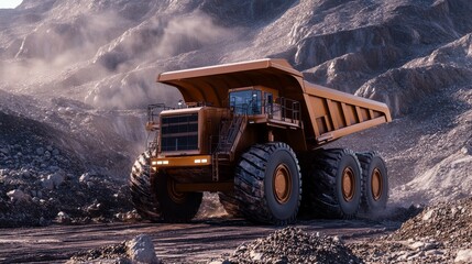 A large dump truck, represented as a 3D model, used for mining and heavy industry, moving materials at a large-scale excavation site.